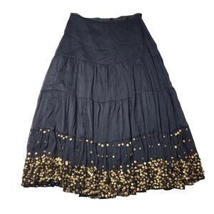 Chaudry Black Gold Sequin Midi Skirt Tiered Boho Whimsygoth Fully Lined Small